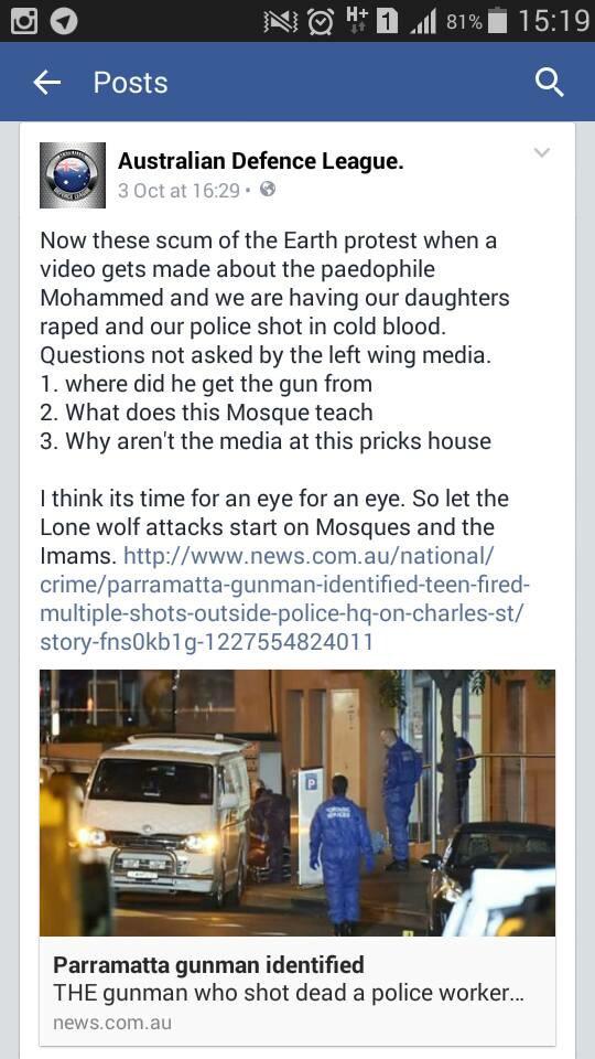Screenshot from a now deleted Facebook page belonging to the Australian Defence League.