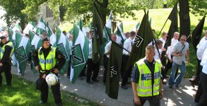 Members of the  Swedish Resistance Movement, the predecessor of the NRM, demonstrating on the Swedish National Day in 2007. Photo: Peter Isotalo. Released to the public domain.